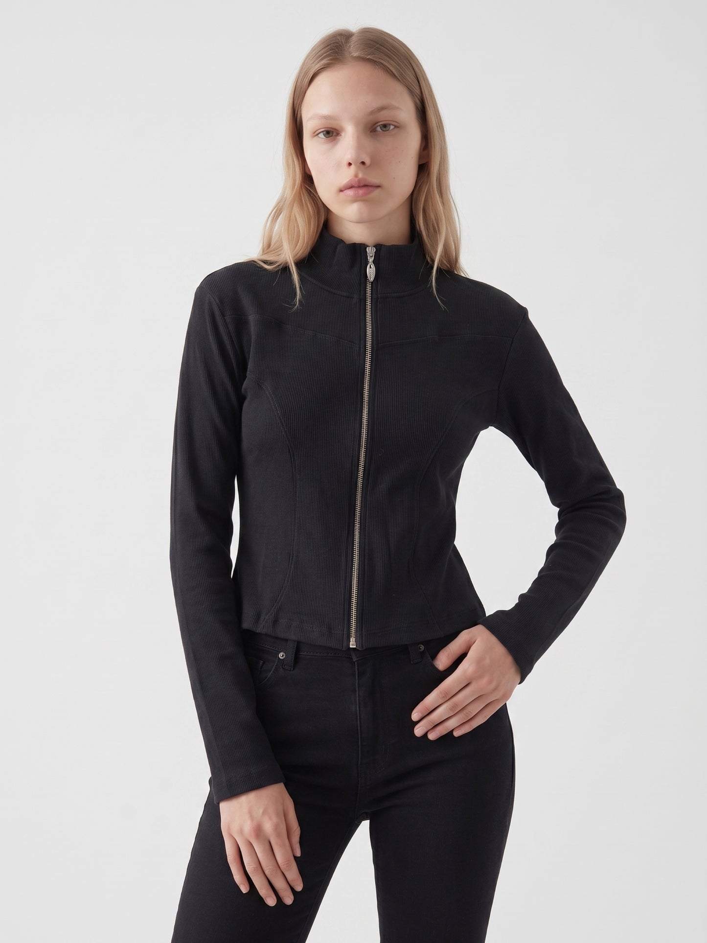 Ribbed Zip-Up Mock Neck Top