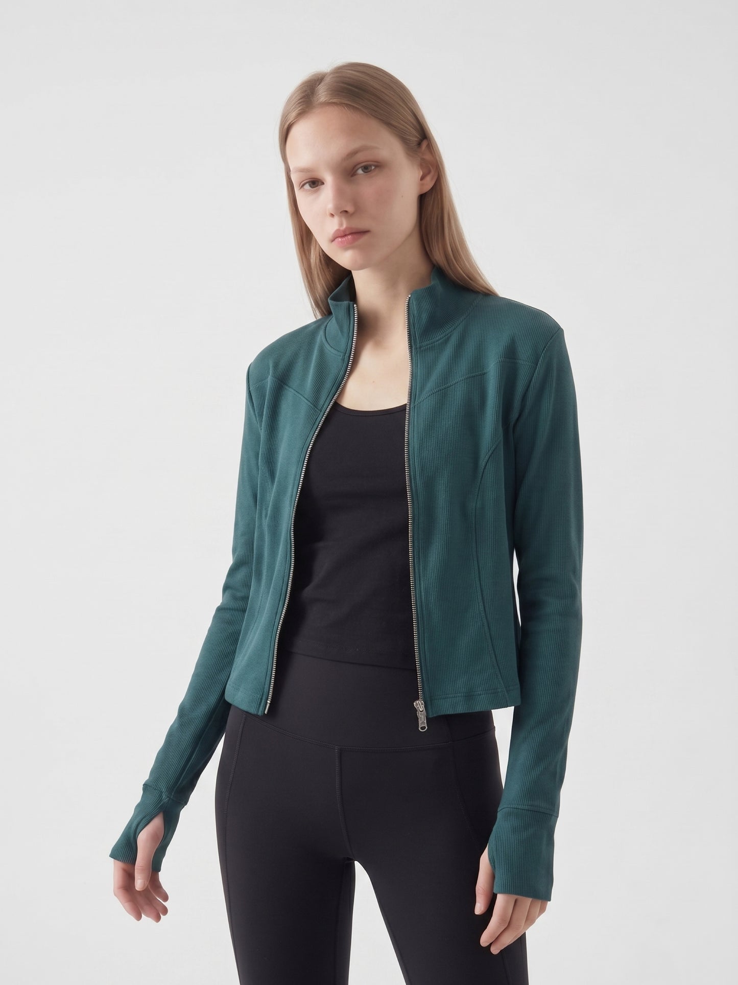 Ribbed Zip-Up Mock Neck Top
