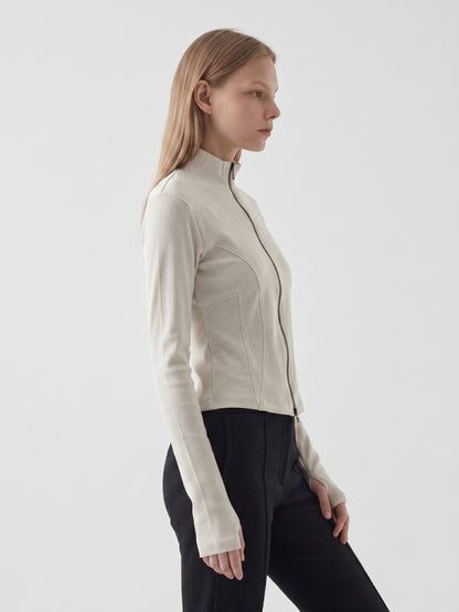 Ribbed Zip-Up Mock Neck Top