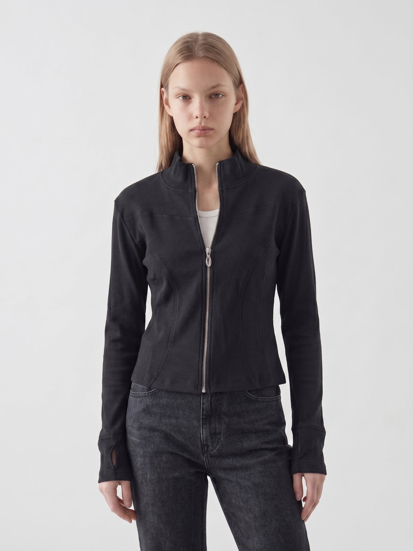 Ribbed Zip-Up Mock Neck Top