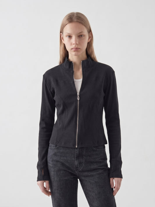 Ribbed Zip-Up Mock Neck Top