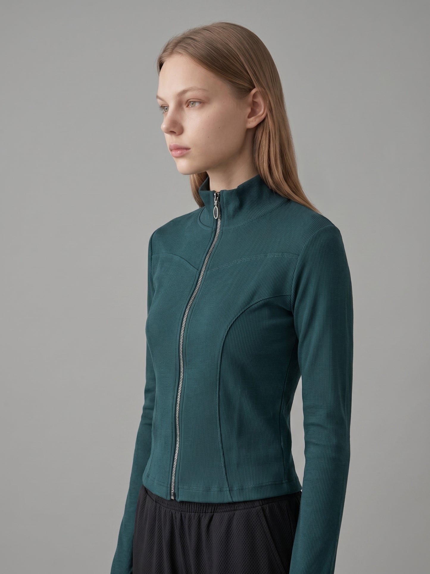 Ribbed Zip-Up Mock Neck Top