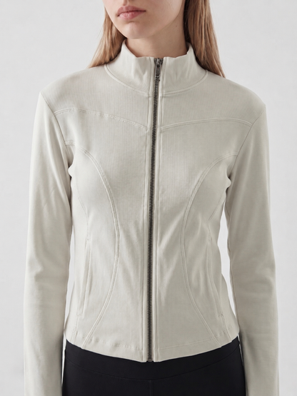 Ribbed Zip-Up Mock Neck Top